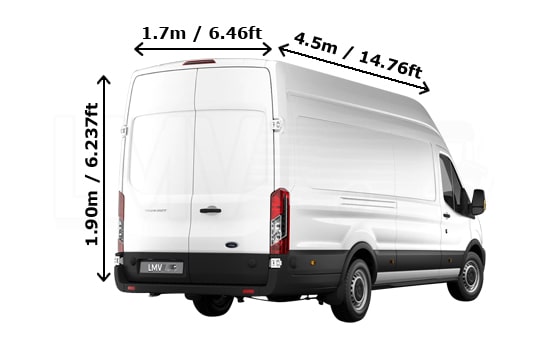Długi Van z Pomocnikiem w Londynie - Wymiary ładunkowe - Widok z tyłu